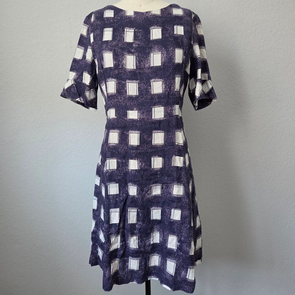 Chic 100% Linen Printed Dress with Cotton Lining - Navy/White